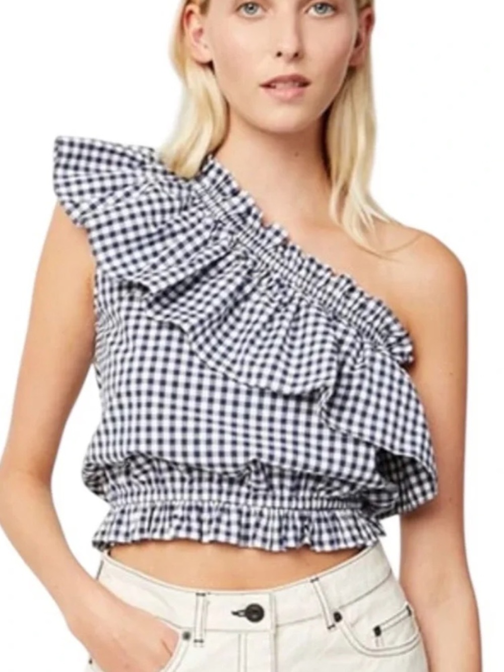 FRENCH CONNECTION One-Shoulder Gingham Ruffle Crop Top